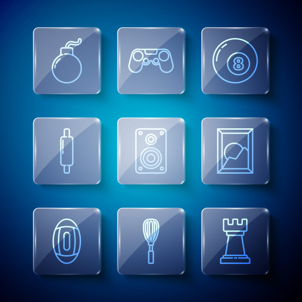 设置线美式足球，厨房搅拌器，商业策略，台球斯诺克，立体声扬声器，滚动针，炸弹准备爆炸和图片景观图标。向量图片下载