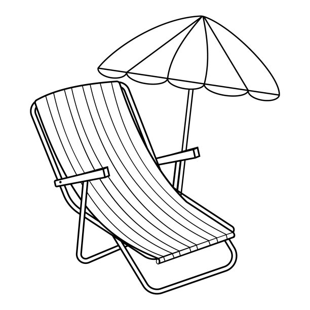 躺椅上撑着一把夏日的遮阳伞，勾勒出黑色的轮廓，在白色的背景上图片下载
