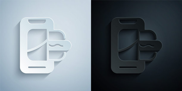 纸切割食品的移动图标孤立的灰色和黑色背景。手机订购。餐厅送餐概念。纸艺术风格。向量图片下载