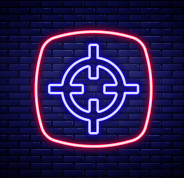 发光的霓虹灯线目标运动图标孤立在砖墙背景。清洁目标与数字射击范围或射击。色彩斑斓的轮廓的概念。向量图片下载