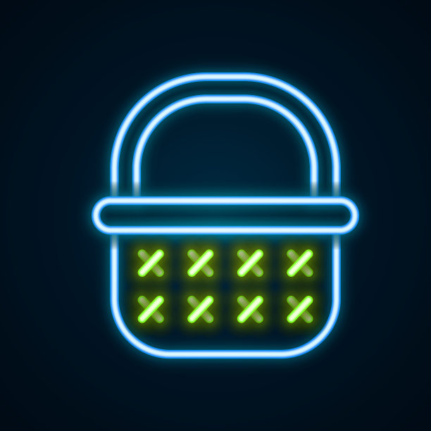 发光的霓虹灯线柳条篮子图标孤立在黑色的背景。色彩斑斓的轮廓的概念。向量图片下载