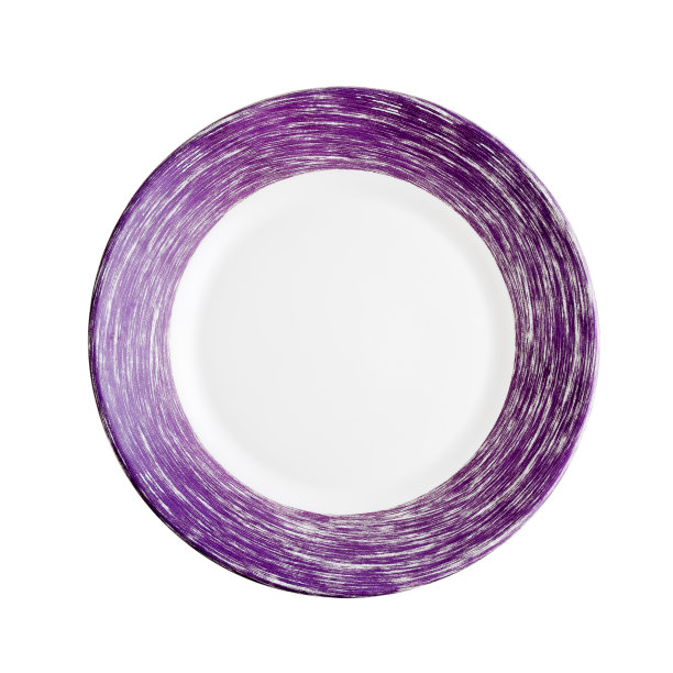 圆形陶瓷白色盘子与彩色边界，服务的盘子，孤立在白色背景上，特写，设计图片下载