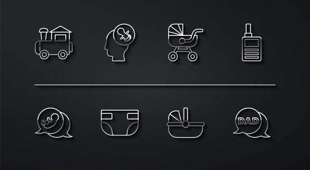 设置线玩具火车，婴儿，监视器对讲机，婴儿车，吸水尿布，奶嘴，语音泡泡爸爸和图标。向量图片下载