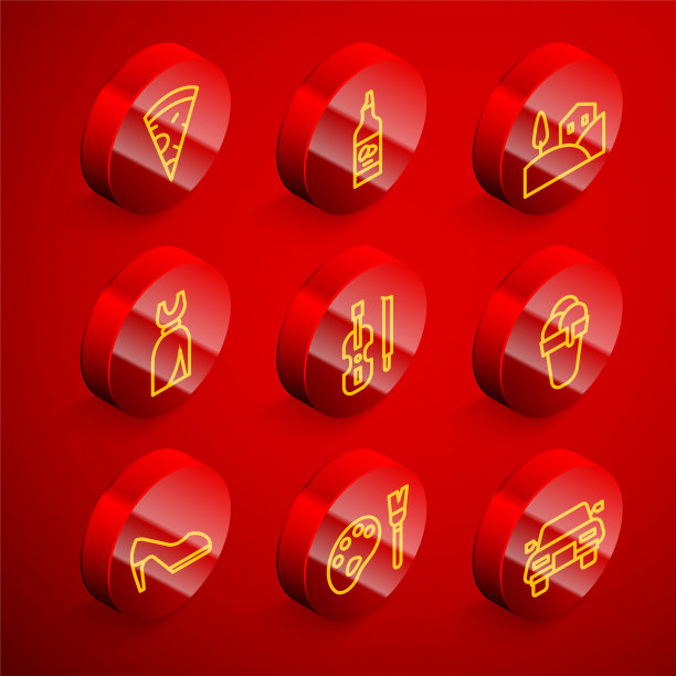 设置线披萨片，瓶橄榄油，村庄景观，妇女服装，小提琴，冰淇淋，鞋和油漆刷与调色板图标。向量图片下载