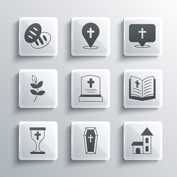 Set Coffin, Church building, Holy bible book, Grave with tombstone, Christian chalice, Willow leaf, bread and Location教堂图标。向量图片下载