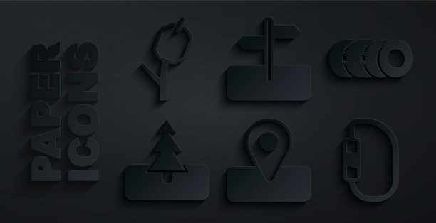 设置位置露营，毛毯卷，树，钩环，道路交通标志和棉花糖棒图标。向量图片下载