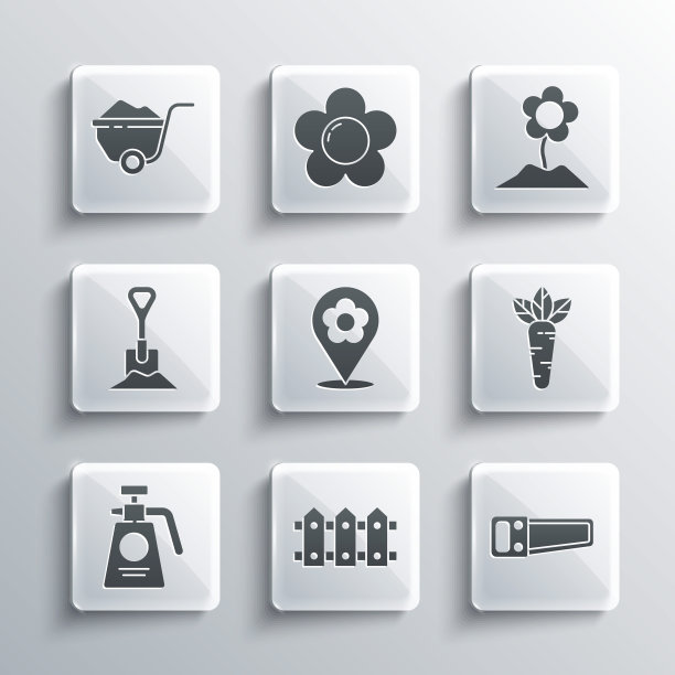 设置花园栅栏木，手锯，胡萝卜，位置与花，肥料喷雾器，铲子在地面，手推车泥土和花的图标。向量图片下载