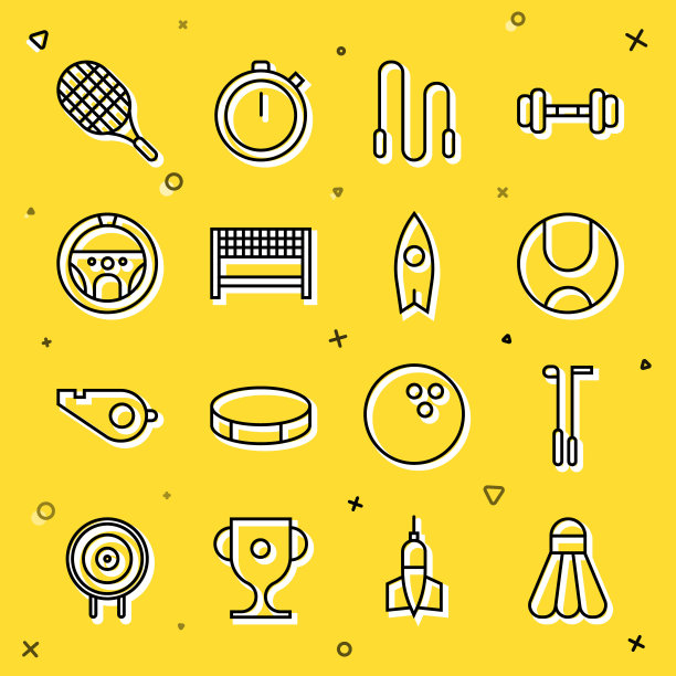 羽毛球，高尔夫球杆，网球，跳绳，缎带终点线，方向盘，球拍和冲浪板图标。向量图片下载