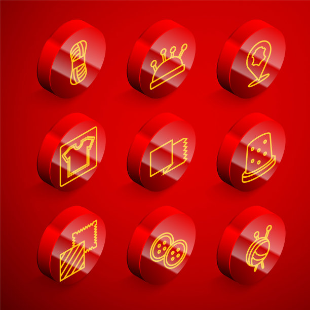 设置线纱线，针床和针，皮革，缝纫图案，纺织织物卷，针管缝纫，和按钮图标。向量图片下载