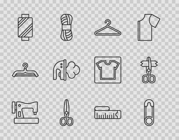 缝纫机，安全针，衣架衣柜，剪刀，线轴上的线，电熨斗，卷尺和图标。向量图片下载