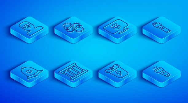 设置线小偷面具，手铐，警徽，监狱窗口，电击器，英国警察头盔和手电筒图标。向量图片下载