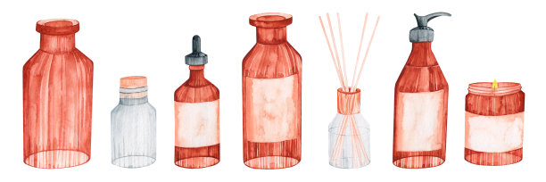 水彩水疗套装瓶天然化妆品。画奶油的棕色玻璃瓶子。肥皂，洗发水，唇膏，奶油。香薰器和蜡烛。身体和脸部护理。被隔离在白色背景下。图片下载
