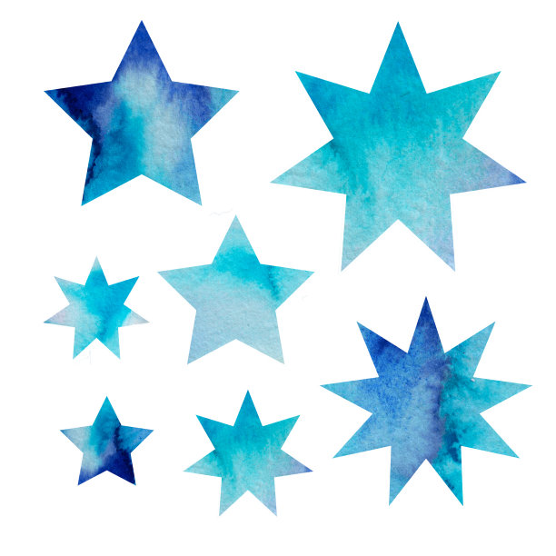 水彩画设置蓝色抽象的星星。喜庆的元素。新年。圣诞节。纹理背景。图片下载