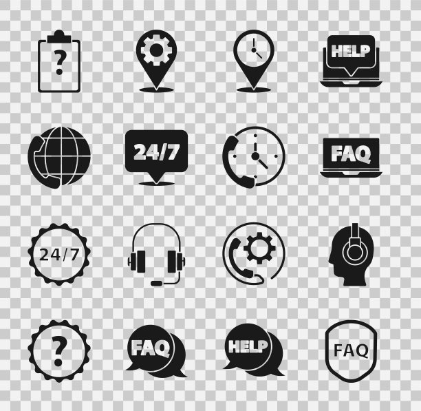 设置屏蔽与文本常见问题，支持操作员在接触，笔记本电脑和，位置时钟，时钟24小时，电话支持，剪贴板问号和图标。向量图片下载