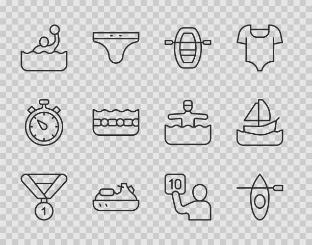 设置线奖牌，皮艇和划艇，划艇，水上摩托艇，水球，游泳池，评判和游艇帆船图标。向量图片下载