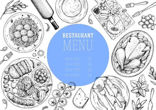 食物顶视图。示意图说明。手绘。食物菜单设计模板。手绘草图矢量插图。图片下载