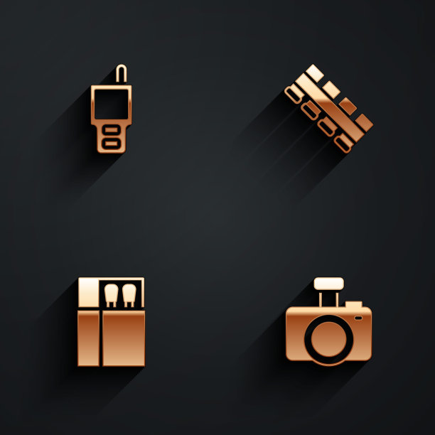 设置对讲机，狩猎子弹带，打开火柴盒和火柴和照片相机图标与长阴影。向量图片下载