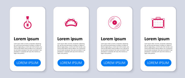 设置吉他放大器，乙烯基磁盘，铃鼓和班卓琴。业务信息模板。向量图片下载