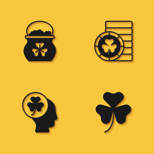 设置壶金币，三叶草三叶草叶，头与三叶草和金色小精灵图标与长影子。向量图片下载