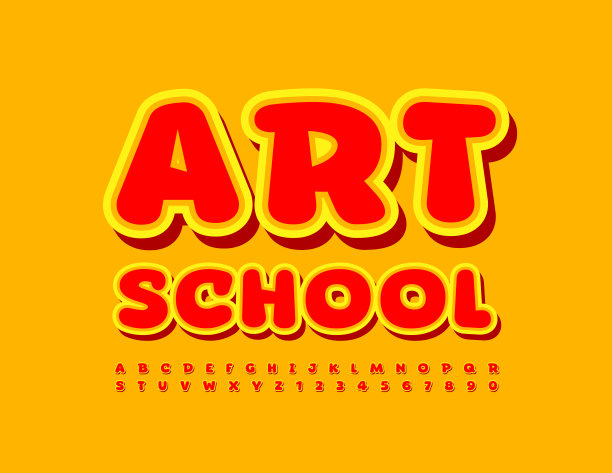 向量创意标志艺术学校。儿童风格的字母表字母和数字集合图片下载