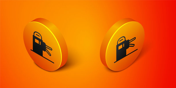 等距旋转门图标孤立的橙色背景。橙色圆按钮。向量图片下载