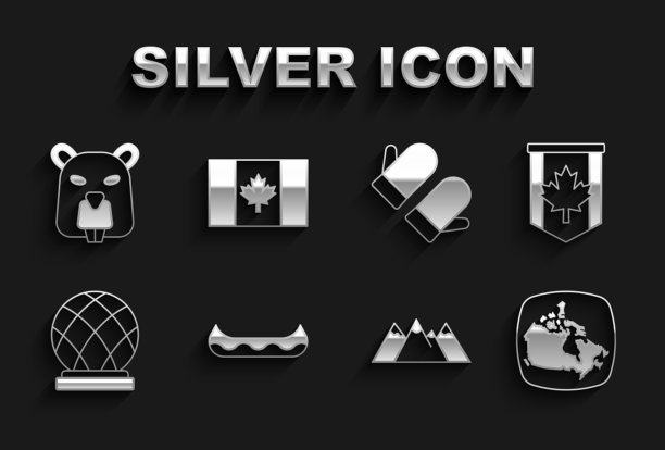 设置独木舟，加拿大的旗帜，地图，山脉，蒙特利尔生物圈，圣诞手套，海狸动物和旗帜图标。向量图片下载