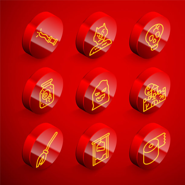 设置线魔术棒，坎卜斯，见鬼，骷髅，眼睛在罐子，有趣的可怕的幽灵面具，城堡，要塞，女巫扫帚和断头台图标。向量图片下载