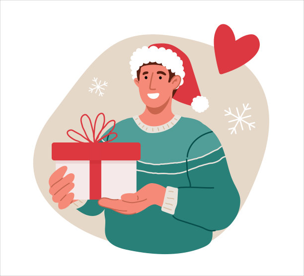 男人戴着圣诞老人的帽子微笑着，手里拿着新年、圣诞礼物。图片下载