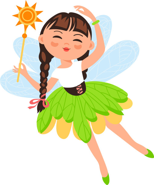 可爱的小仙女。飞翔的女孩穿着绿叶裙图片下载