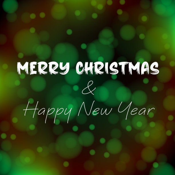 圣诞快乐和新年快乐短信与散焦灯在绿色的背景。图片下载