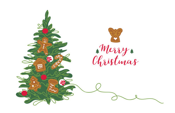 圣诞树，松树，冷杉，云杉。连续线条艺术绘画。向量彩色卡片，背景，横幅，圣诞庆祝海报图片下载