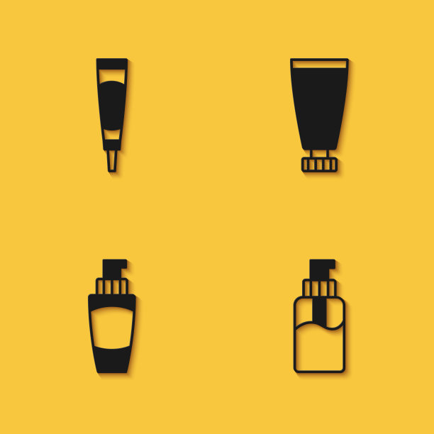 套装霜或乳液化妆管，一瓶液体肥皂，管手霜和图标与长影子。向量图片下载