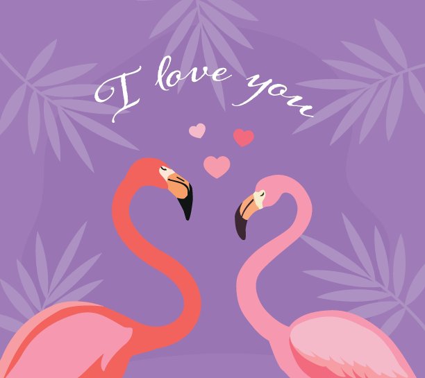 两只粉红色的火烈鸟在紫色的背景上形成一颗心。婚礼或情人节概念。图片下载