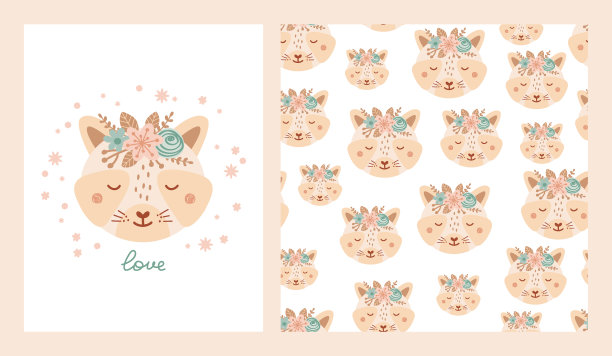 设置可爱的海报和无缝的图案与浣熊脸和海报与字母的爱。以动物的扁平风格收集儿童服装，纺织品，壁纸。矢量图图片下载