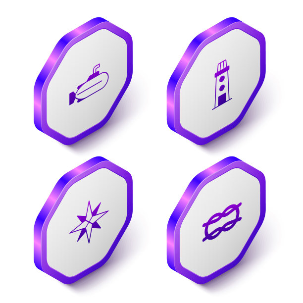 设置等距潜艇，灯塔，风玫瑰和航海绳结图标。紫色的六角按钮。向量图片下载