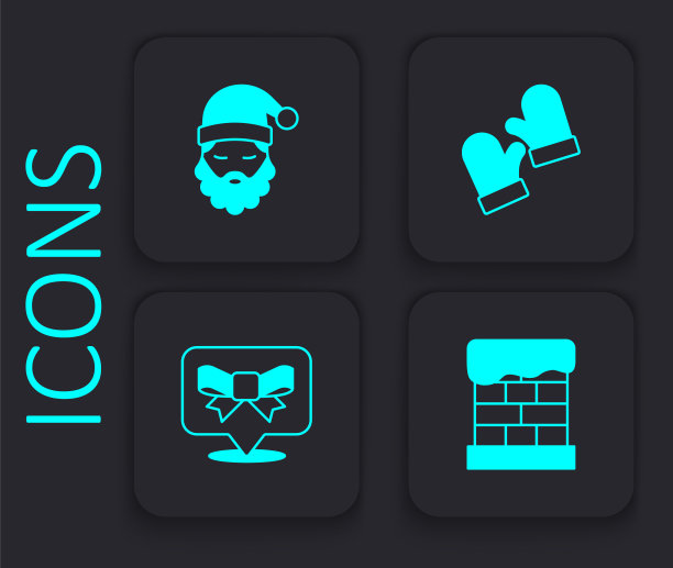 设置圣诞烟囱，圣诞老人的帽子和胡子，手套和礼物鞠躬图标。黑色方形按钮。向量图片下载