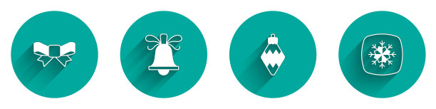 Set Gift bow, Christmas ring bell, toy and Snowflake icon with long shadow。向量图片下载