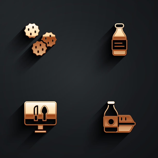 设置饼干或饼干，瓶装水，在线订购食品和图标与长影子。向量图片下载