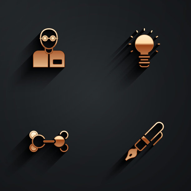 设置老师，创意灯的灯光理念，分子和钢笔笔尖图标与长阴影。向量图片下载