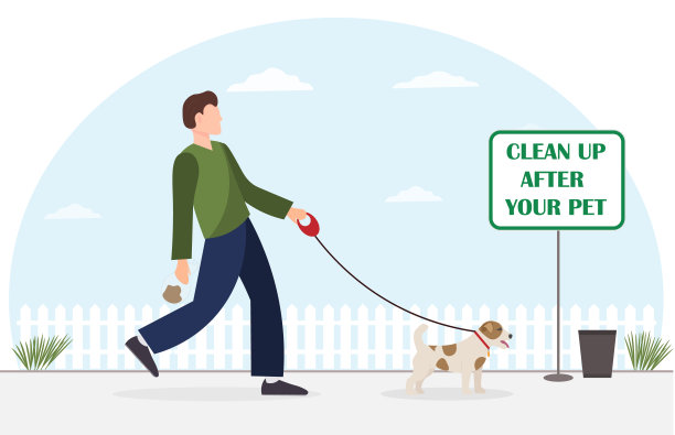 快乐的年轻人带着他的狗散步，打扫后的宠物概念，环保概念，平面矢量插图图片下载