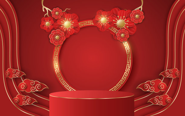 逼真的讲台为中国新年展示您的产品。豪华的红色和金色的花朵装饰的云。模型表示。带有亚洲图案的金框。向量图片下载