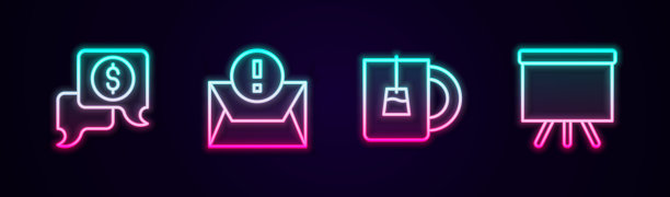 设置线商务谈判，信封，茶杯和黑板。发光的霓虹灯图标。向量图片下载