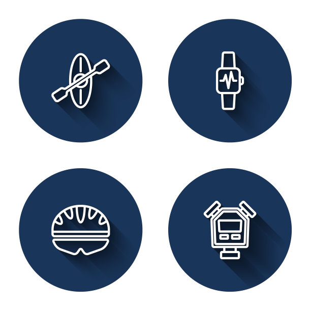 设置线皮艇和桨，智能手表与心，自行车头盔和秒表与长影子。蓝色圆按钮。向量图片下载