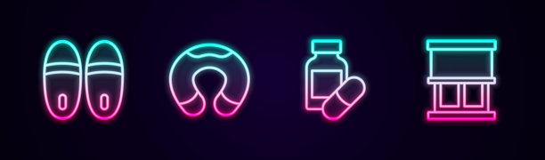 套线拖鞋，旅行颈枕，睡觉和窗帘窗户。发光的霓虹灯图标。向量图片下载