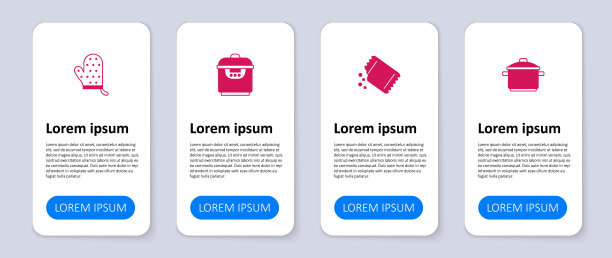 设置烹饪锅，一包辣椒，慢炖锅和烤箱手套。业务信息模板。向量图片下载