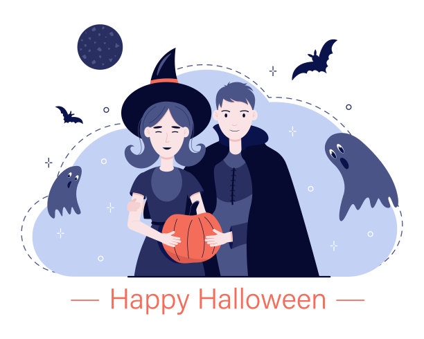 穿着万圣节服装的女人和男人。贺卡的设计。平面风格的矢量插图图片下载