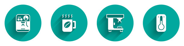 设置咖啡机，杯子和温度计图标与长阴影。向量图片下载