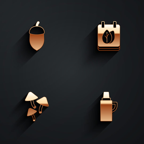 设置橡子，日历与秋天的叶子，蘑菇和热水瓶容器图标与长影子。向量图片下载