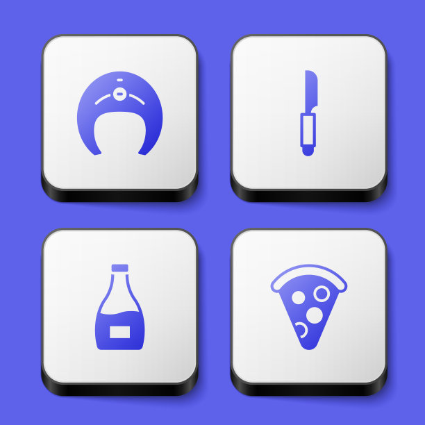 设置鱼排，刀，酱瓶和披萨片的图标。白色正方形按钮。向量图片下载