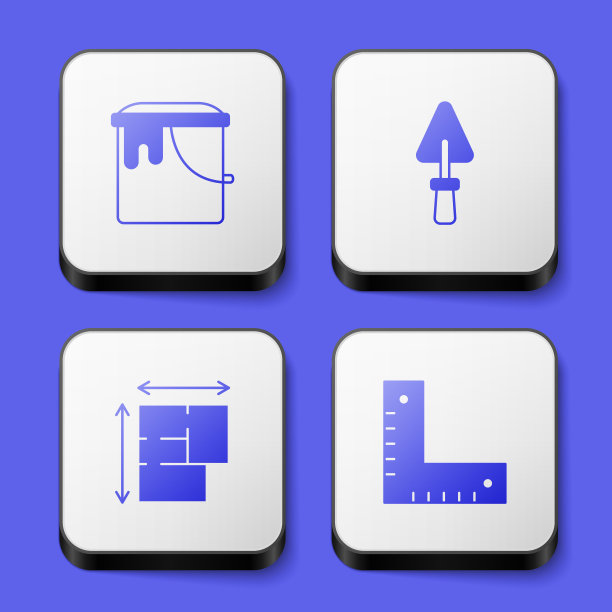 设置油漆桶，泥铲，房子计划和角落标尺图标。白色正方形按钮。向量图片下载